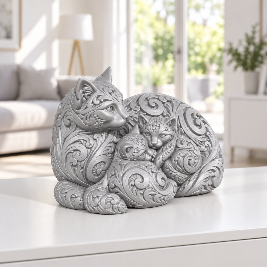 Katze mit Kätzchen Ornament - Silber gedruckt Wohnzimmer