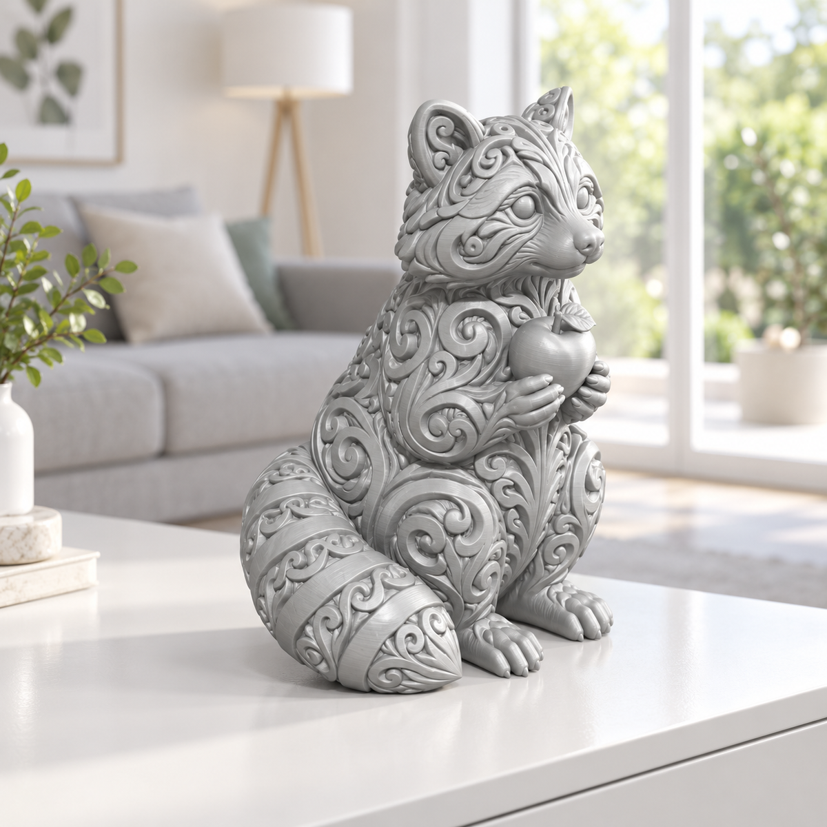 Waschbär mit Apfel Ornament - Silber gedruckt Wohnzimmer