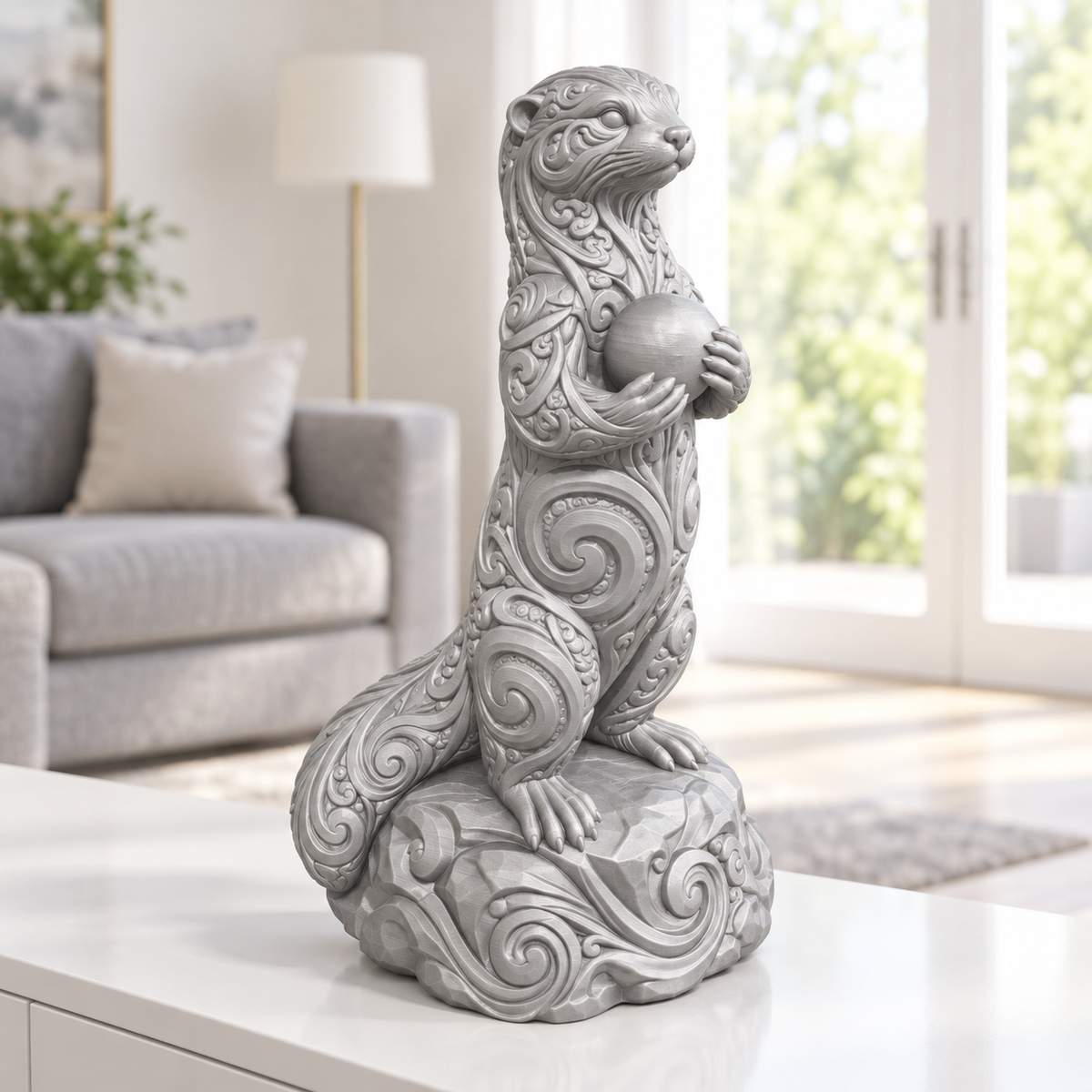 Otter mit Stein Ornament - Silber gedruckt Wohnzimmer
