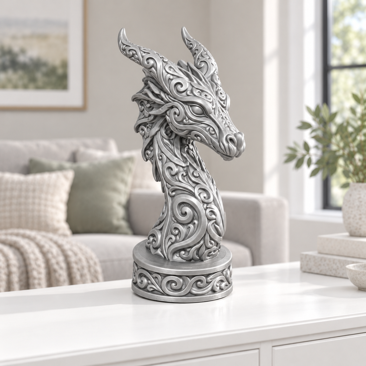 Drachenbüste Ornament - Silber gedruckt Wohnzimmer