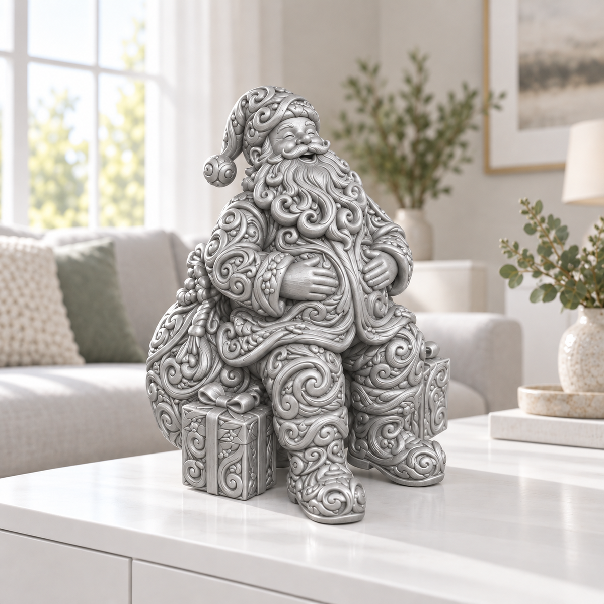 Weihnachtsmann sitzend Ornament - Silber gedruckt Wohnzimmer