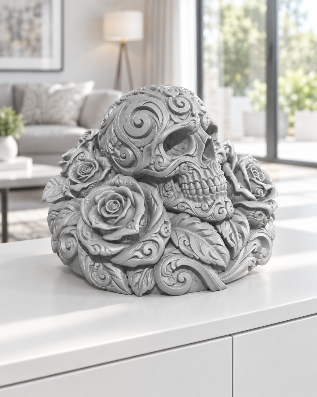 Totenkopf Rosen Ornament - Silber gedruckt Wohnzimmer