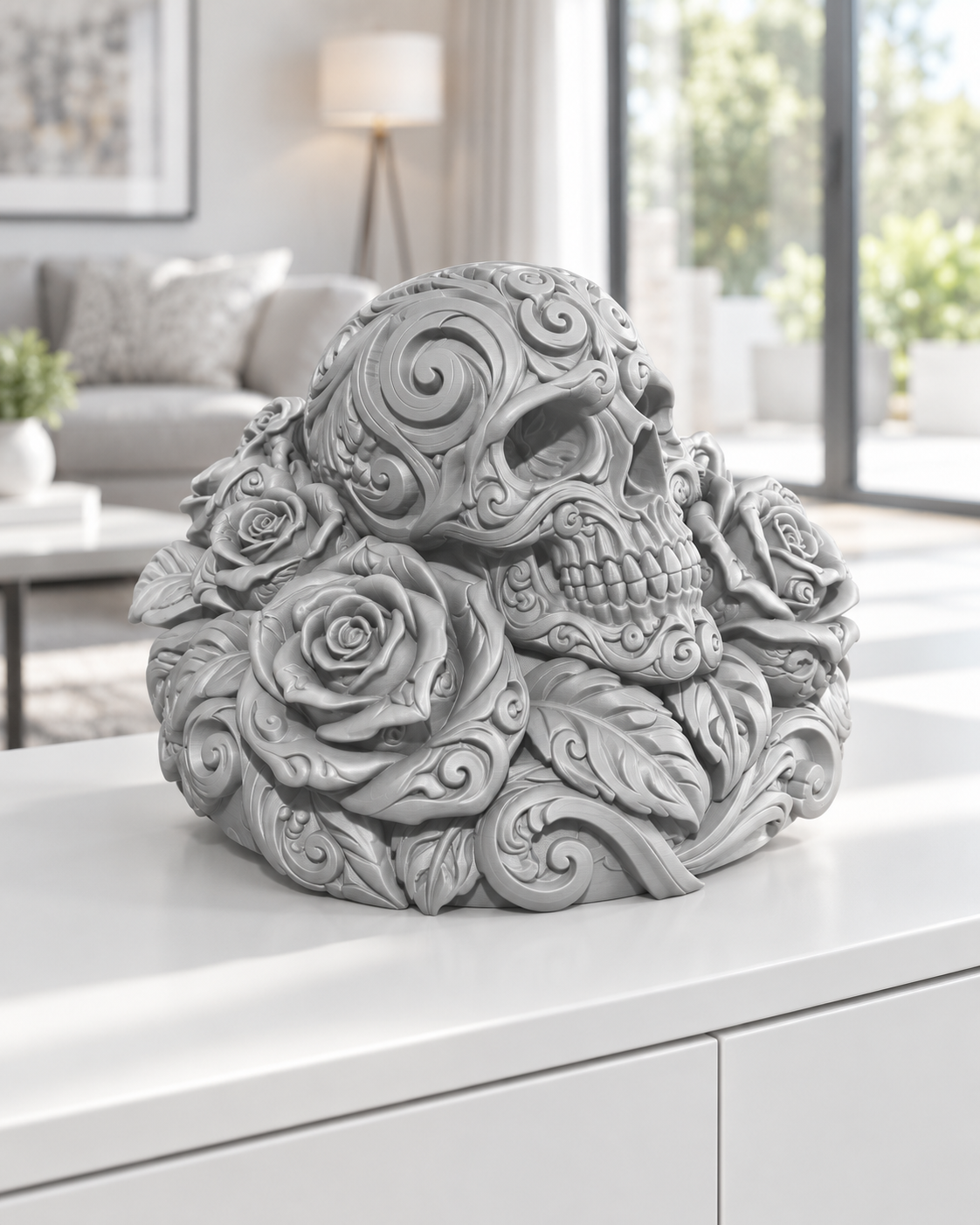 Totenkopf Rosen Ornament - Silber gedruckt Wohnzimmer