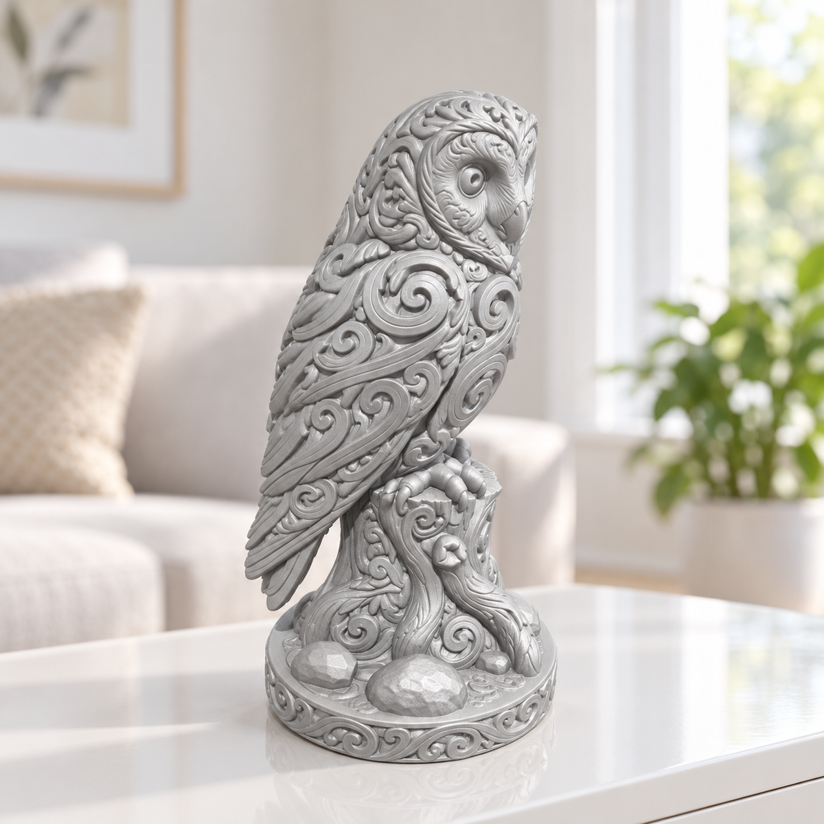 Schleiereule auf Stamm Ornament - Silber gedruckt Wohnzimmer