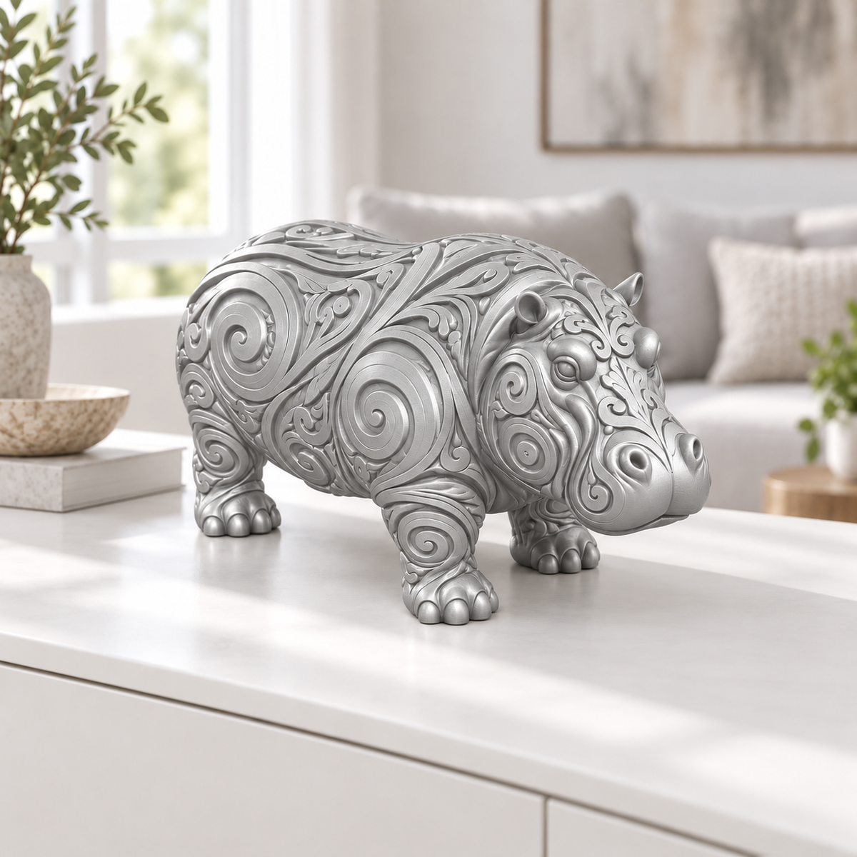 Nilpferd Ornament - Silber gedruckt Wohnzimmer