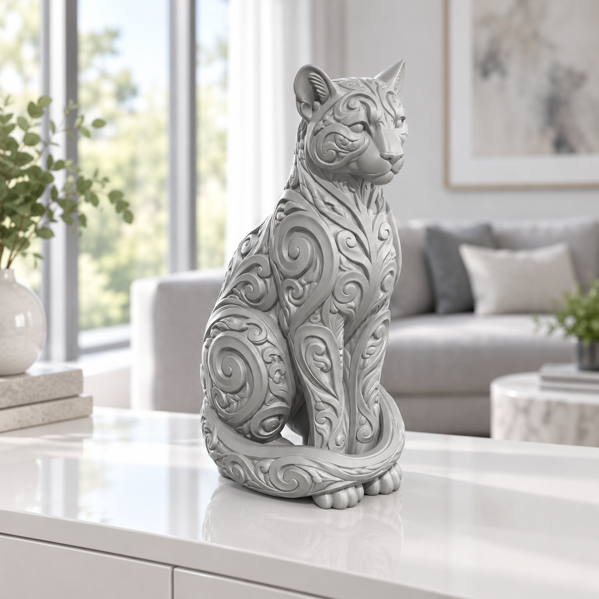 Sitzender Puma Ornament - Silber gedruckt Wohnzimmer