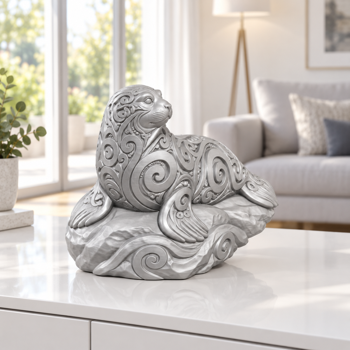 Robbe auf Felsen Ornament - Silber gedruckt Wohnzimmer