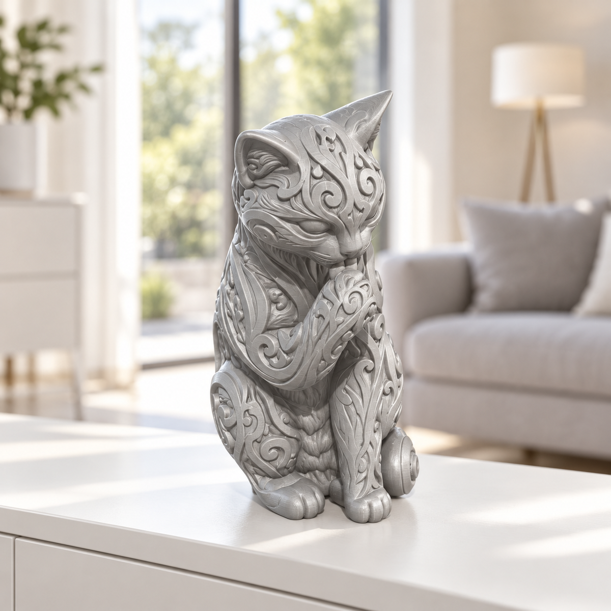 Katze beim Putzen Ornament - Silber gedruckt Wohnzimmer