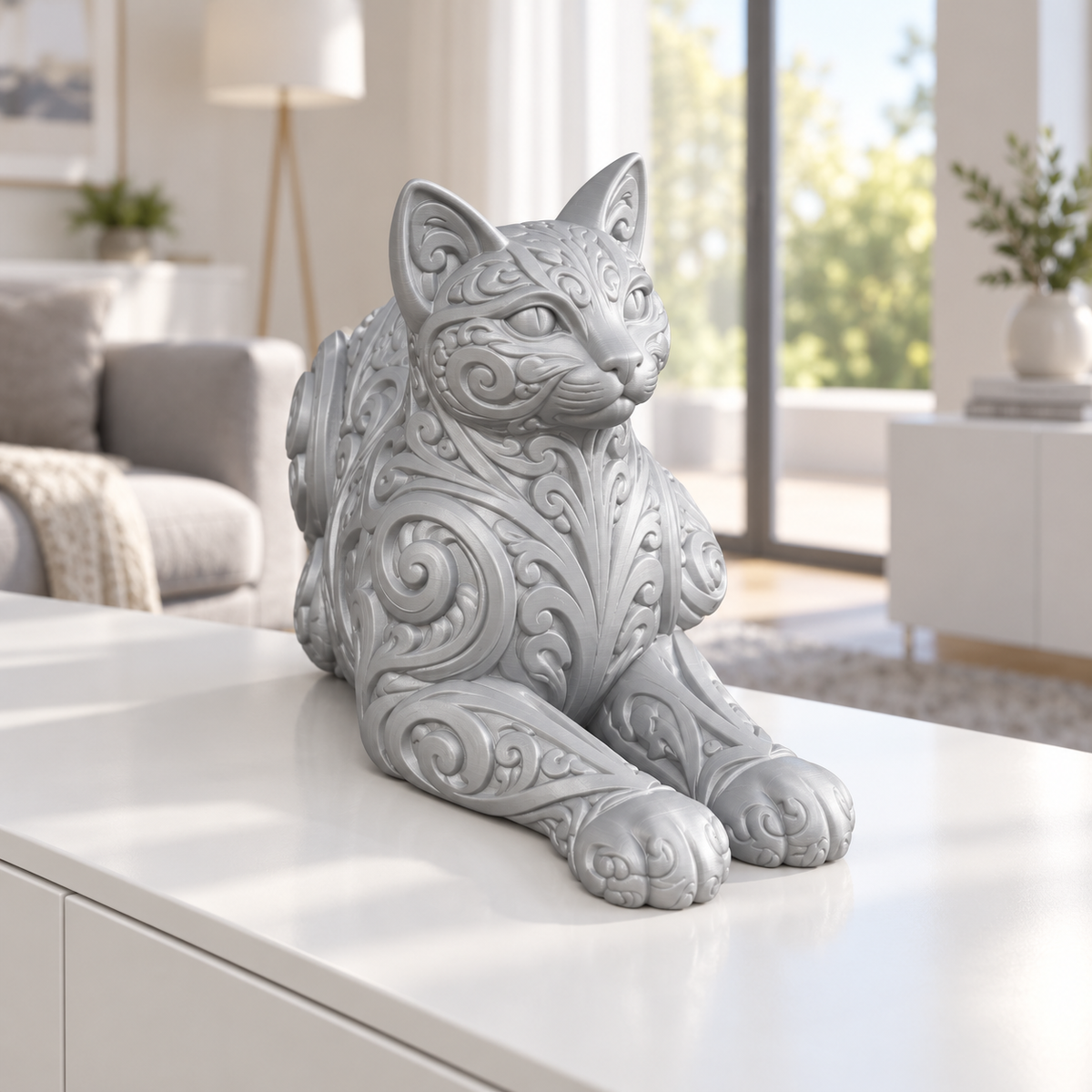 Liegende Katze Ornament - Silber gedruckt Wohnzimmer