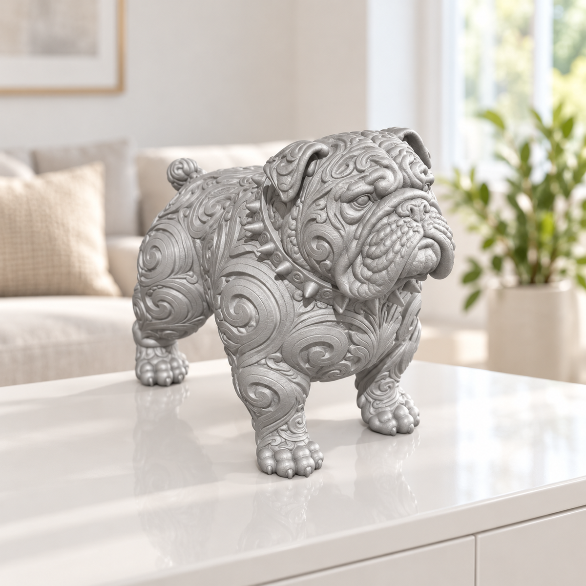 Bulldogge mit Halsband Ornament - Silber gedruckt Wohnzimmer