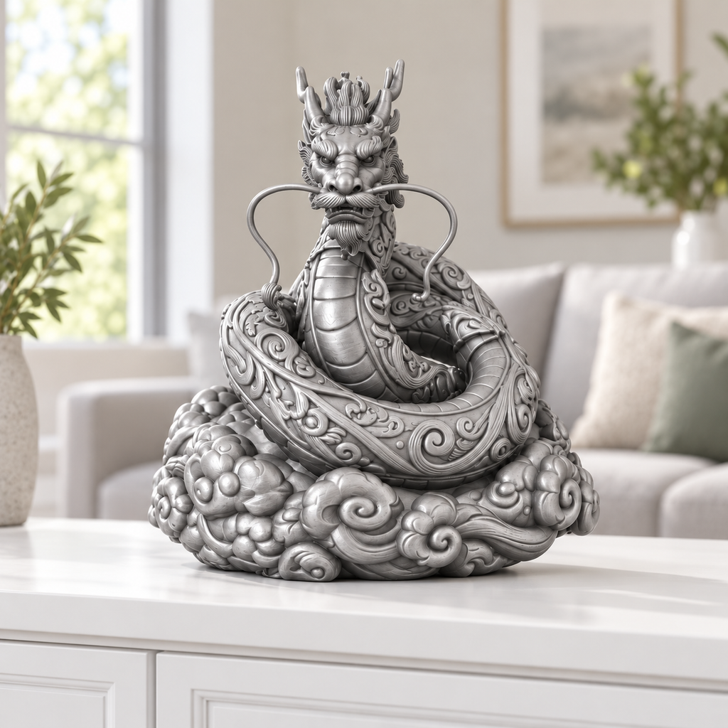 Asiatischer Drache Ornament - Silber gedruckt Wohnzimmer
