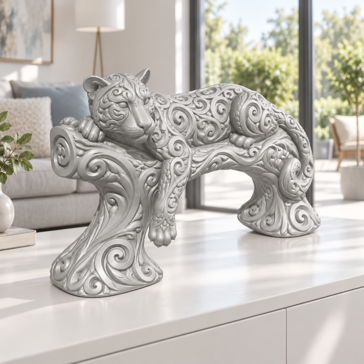 Leopard auf Ast Ornament - Silber gedruckt Wohnzimmer