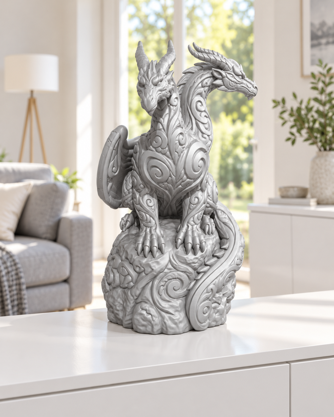 Zweiköpfiger Drache Ornament - Silber gedruckt Wohnzimmer