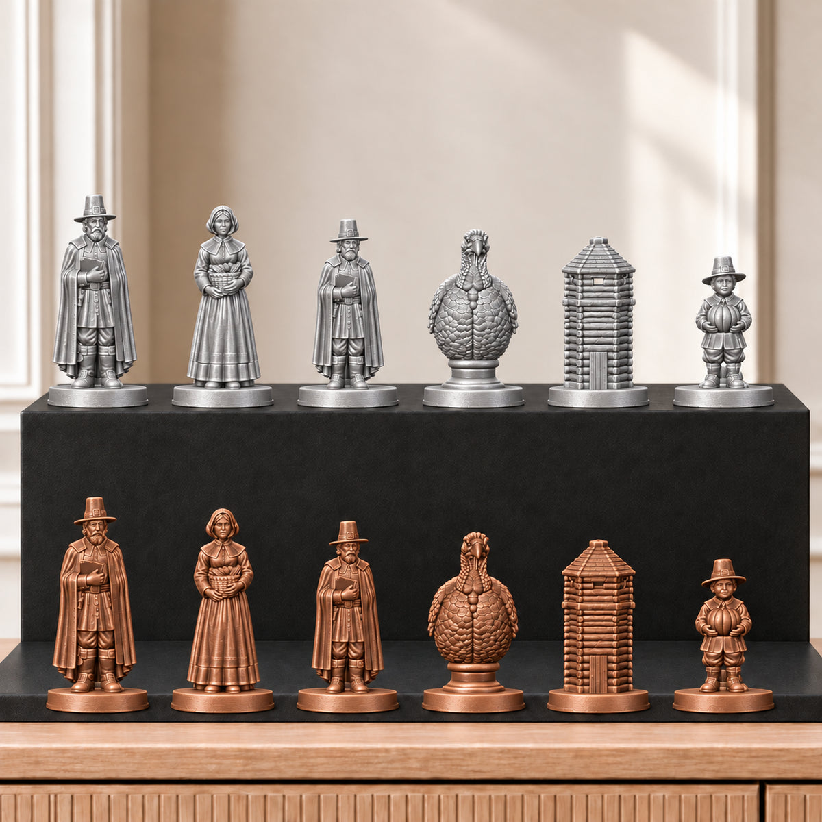 Pilgerväter Schachset – 10 silber bronze gedruckt