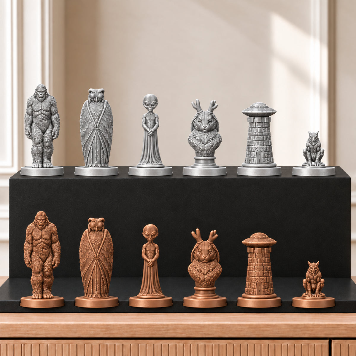 Kryptiden Schachset – 10 silber bronze gedruckt