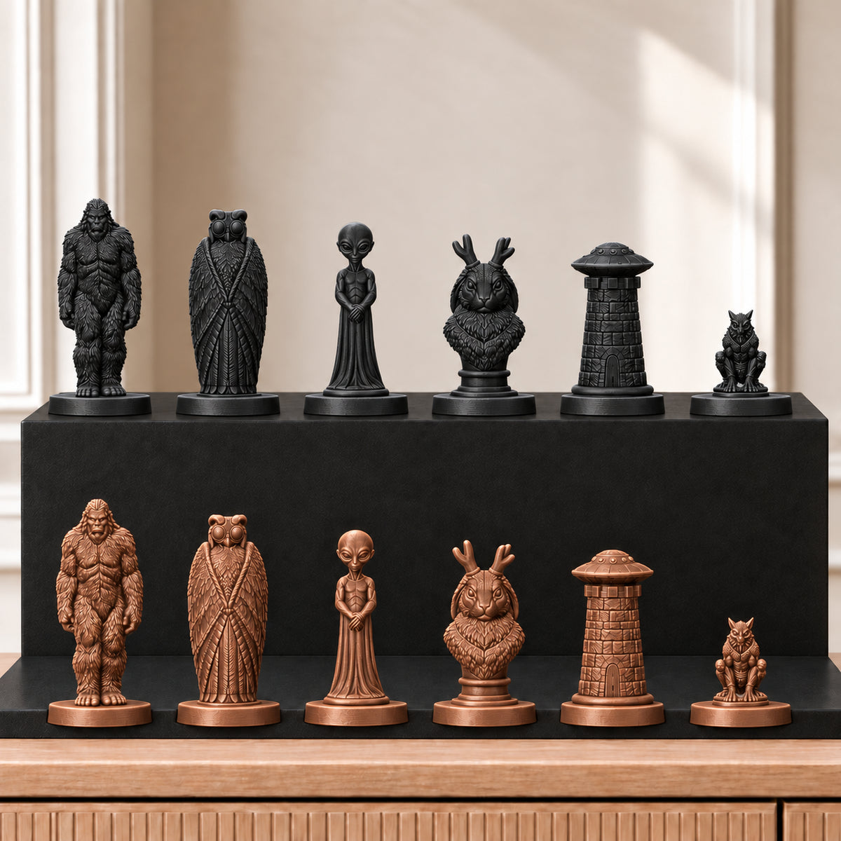 Kryptiden Schachset – 12 schwarz bronze gedruckt