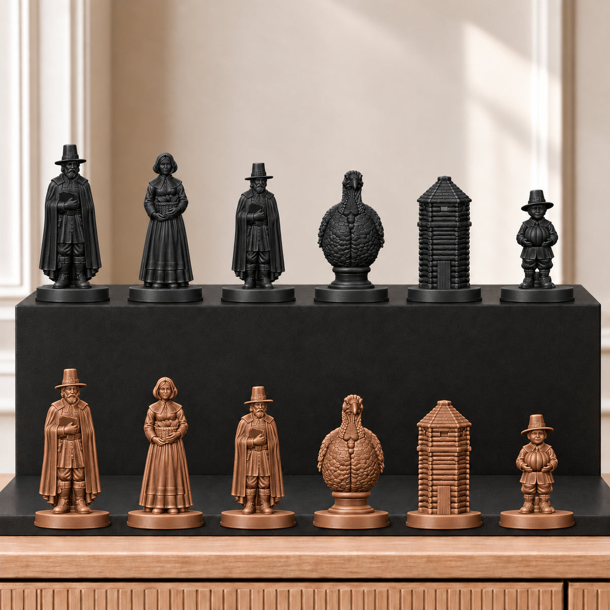Pilgerväter Schachset – 12 schwarz bronze gedruckt