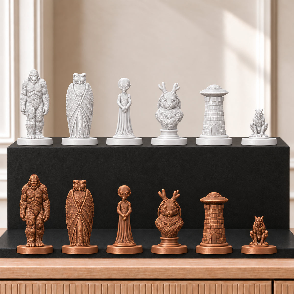 Kryptiden Schachset – 13 weiss bronze gedruckt