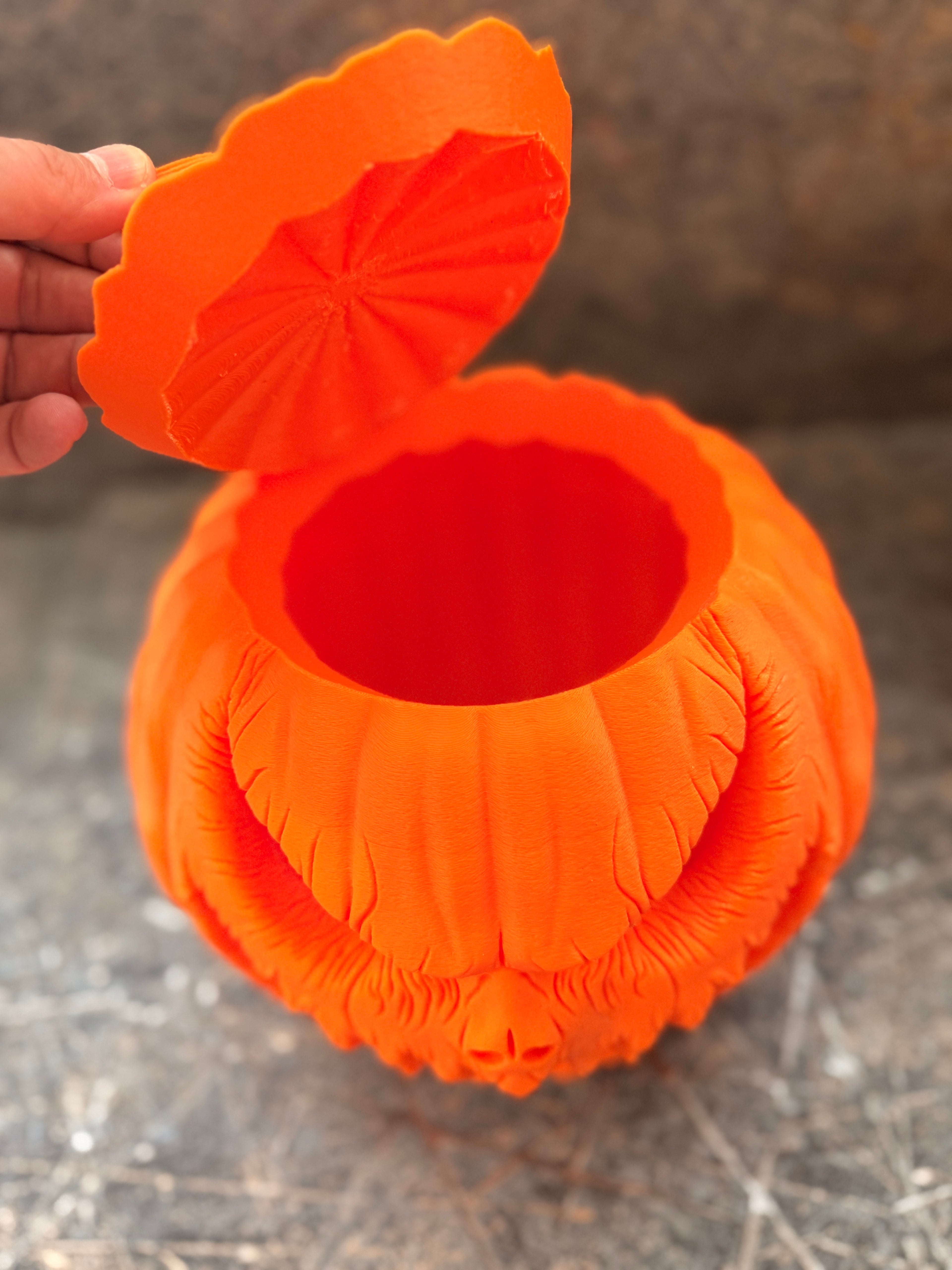 Grusel-Kürbis Orange mit abnehmbarem Deckel geöffnet