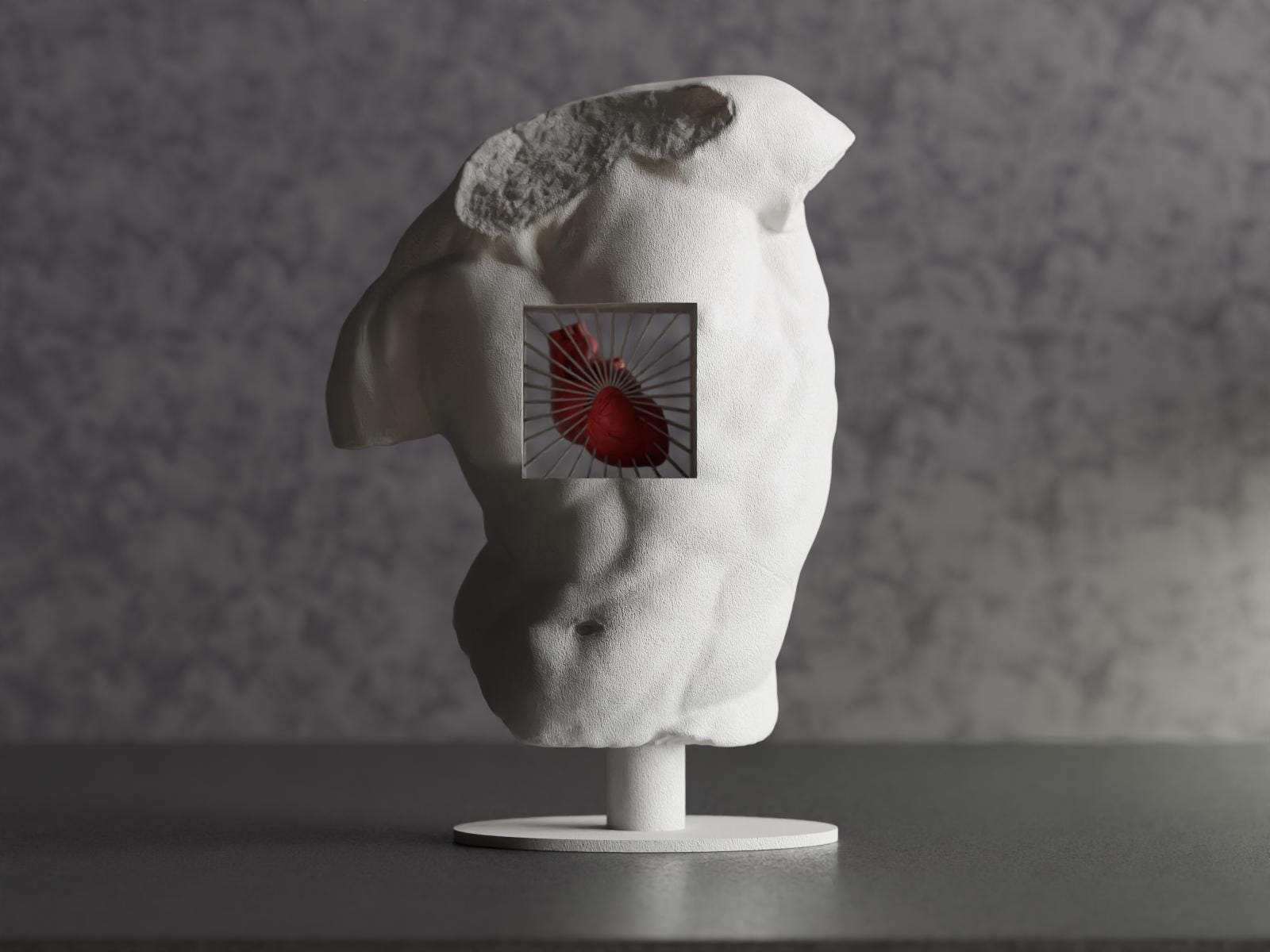 Skulptur mit Herz – Klassische Büste mit modernem 3D-Design – Deko Figur Antik Look – Kunstobjekt Torso mit Anatomieherz. Schrank Deko Fehn-factory.de