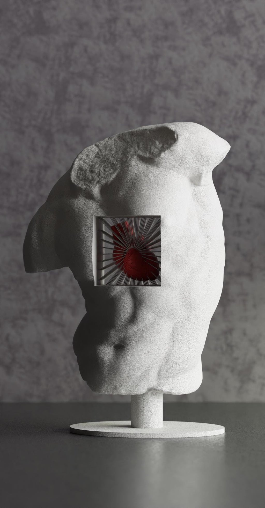 Skulptur mit Herz – Klassische Büste mit modernem 3D-Design – Deko Figur Antik Look – Kunstobjekt Torso mit Anatomieherz. Schrank Deko Fehn-factory.de