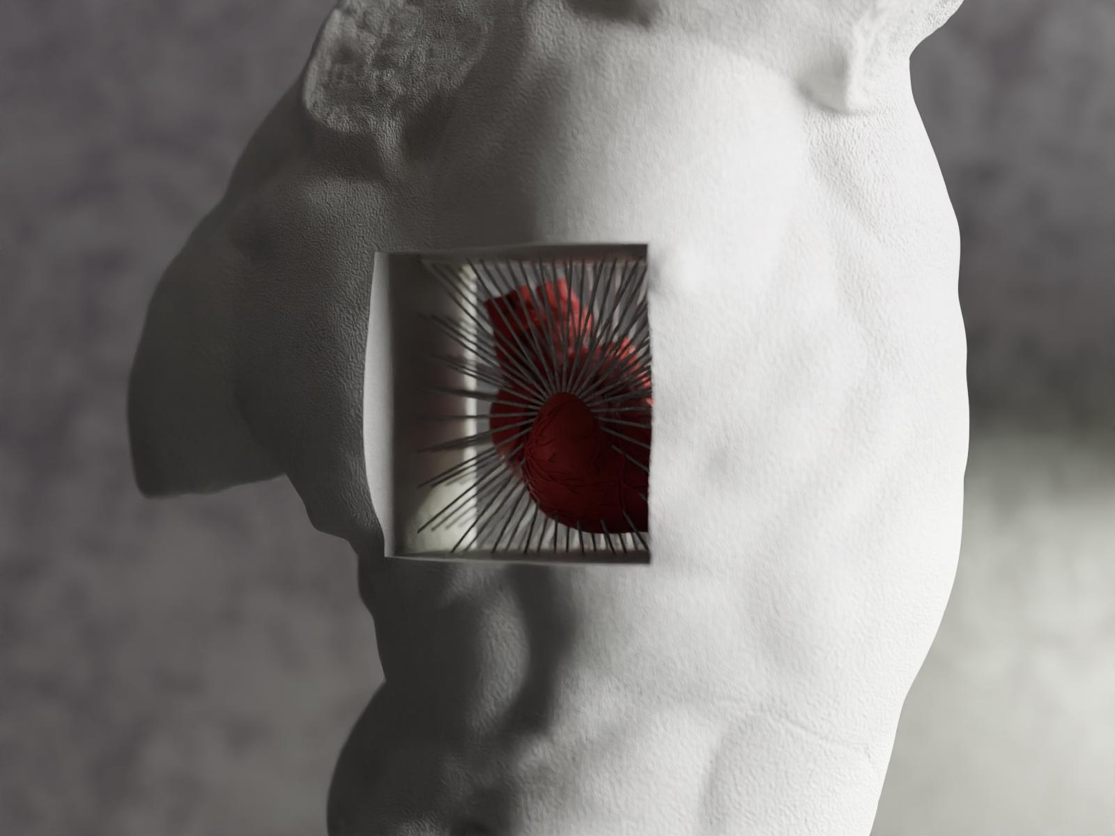 Skulptur mit Herz – Klassische Büste mit modernem 3D-Design – Deko Figur Antik Look – Kunstobjekt Torso mit Anatomieherz. Schrank Deko Fehn-factory.de