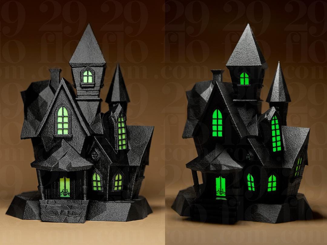 Haunted House Figurine – mit leuchtenden Fenster - Gruseliges Geisterhaus in Schwarz | Halloween Deko & Gothic Miniatur Fehn-factory.de