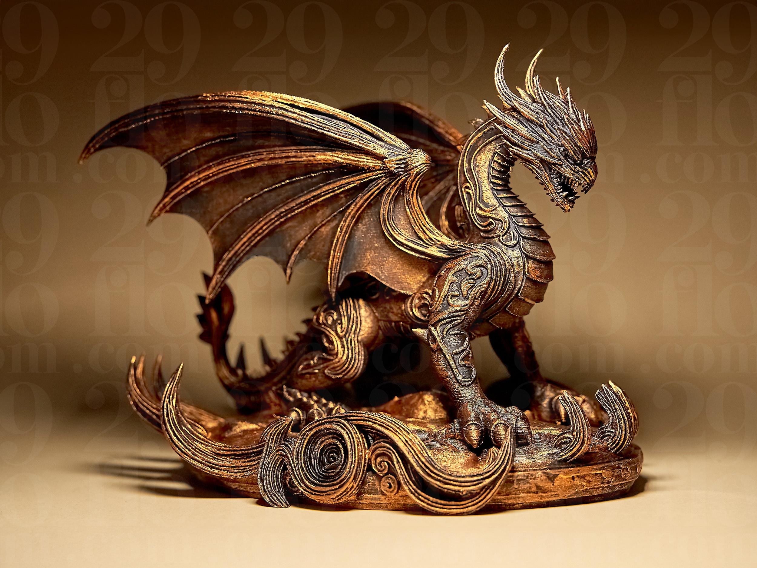 Dragon Statue – Detailreiche Drachenfigur | 3D-gedruckte Fantasy-Skulptur | Schwarzer oder gold-antik bemalter Drache auf Sockel Fehn-factory.de