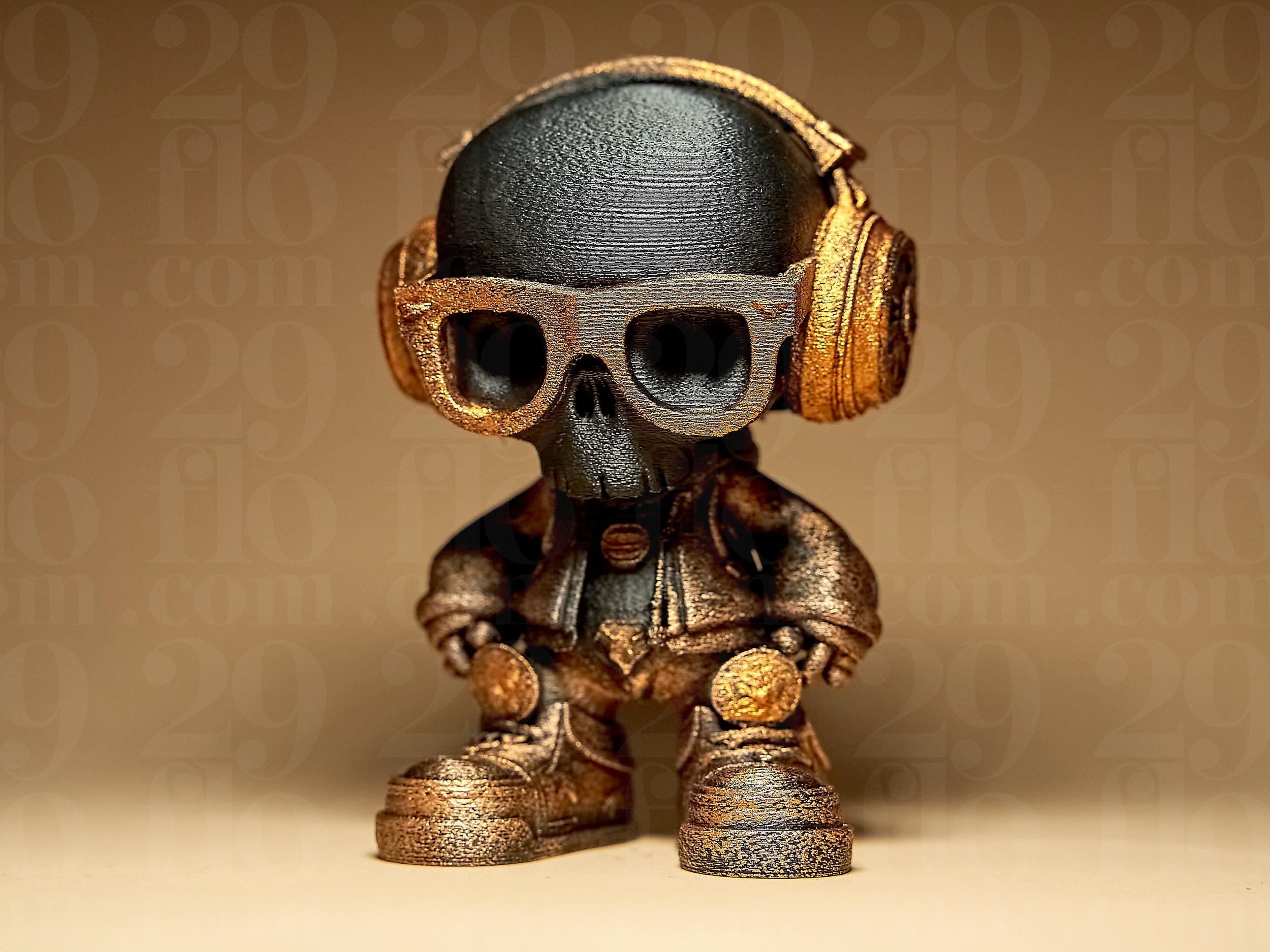 Skeleton Bros #1 – DJ Edition | 3D-gedruckte Totenkopf-Figur mit Kopfhörern | Handbemalt in Gold-Antik oder Schwarz | Urban Art Skulptur Fehn-factory.de