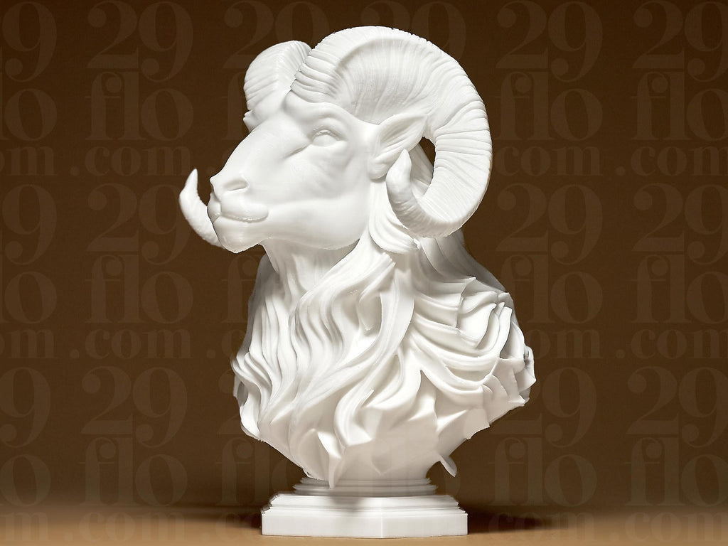 Elegant RAM Sculpture | Weiße 3D-gedruckte Widder-Büste | Moderne Tier-Skulptur | 29Flo White Series | Luxuriöse Dekofigur Fehn-factory.de