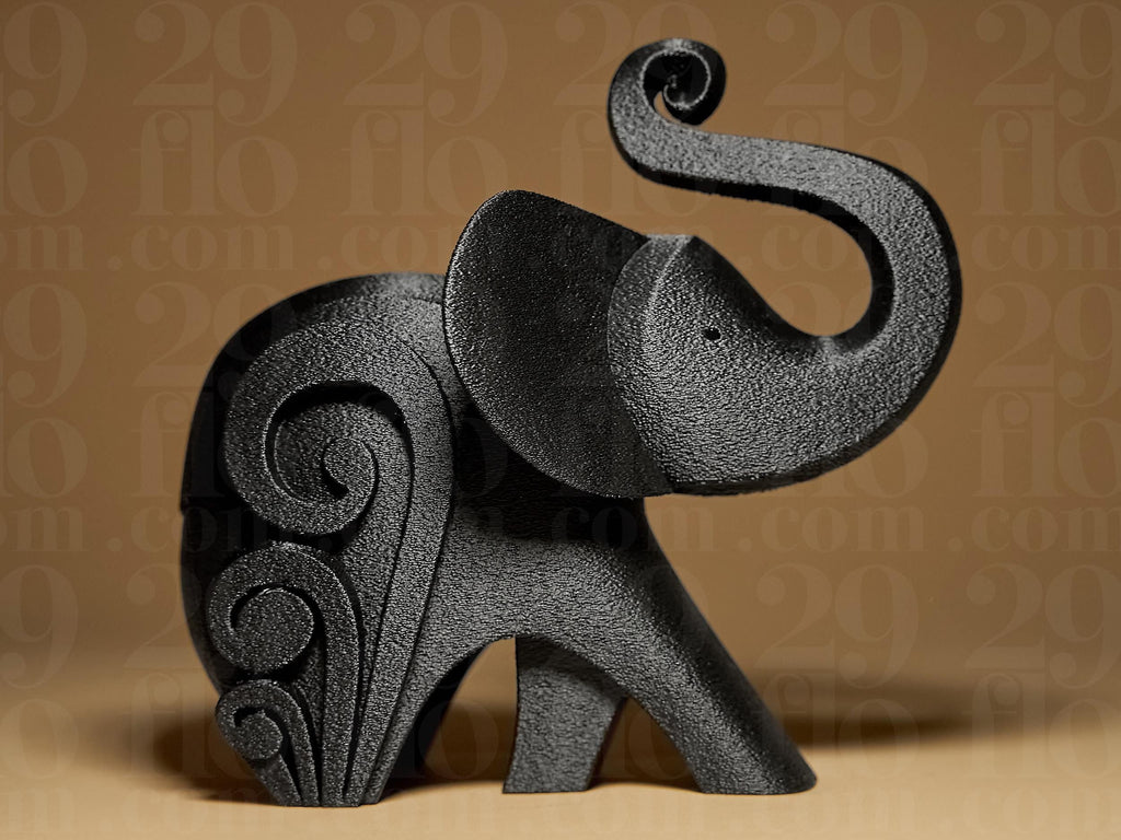 Happy Elephant #3 | Schwarze 3D-gedruckte Elefantenfigur | Moderne geometrische Deko | 29Flo Black Series | Glücksbringer & Designobjekt Fehn-factory.de