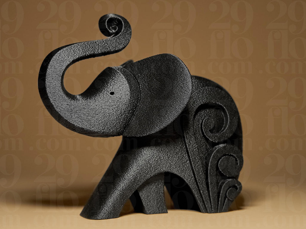 Happy Elephant #3 | Schwarze 3D-gedruckte Elefantenfigur | Moderne geometrische Deko | 29Flo Black Series | Glücksbringer & Designobjekt Fehn-factory.de