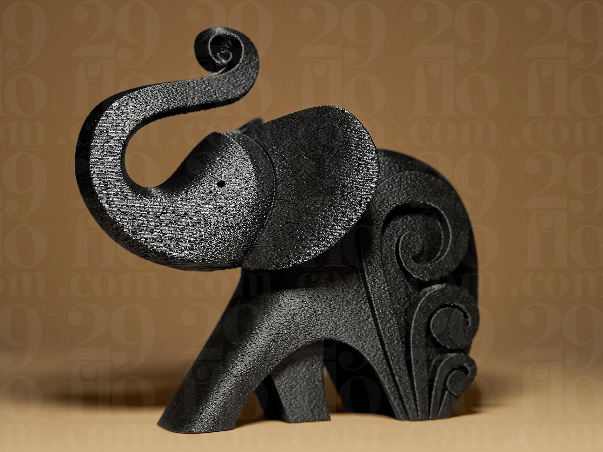 Happy Elephant #3 | Schwarze 3D-gedruckte Elefantenfigur | Moderne geometrische Deko | 29Flo Black Series | Glücksbringer & Designobjekt Fehn-factory.de
