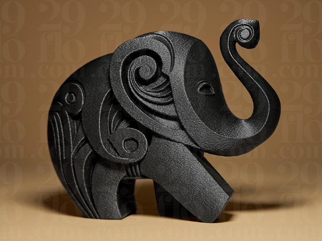 Happy Elephant #2 | Schwarze 3D-gedruckte Elefantenfigur | Geometrische Deko | 29Flo Black Series | Glückselefant & Designobjekt Fehn-factory.de