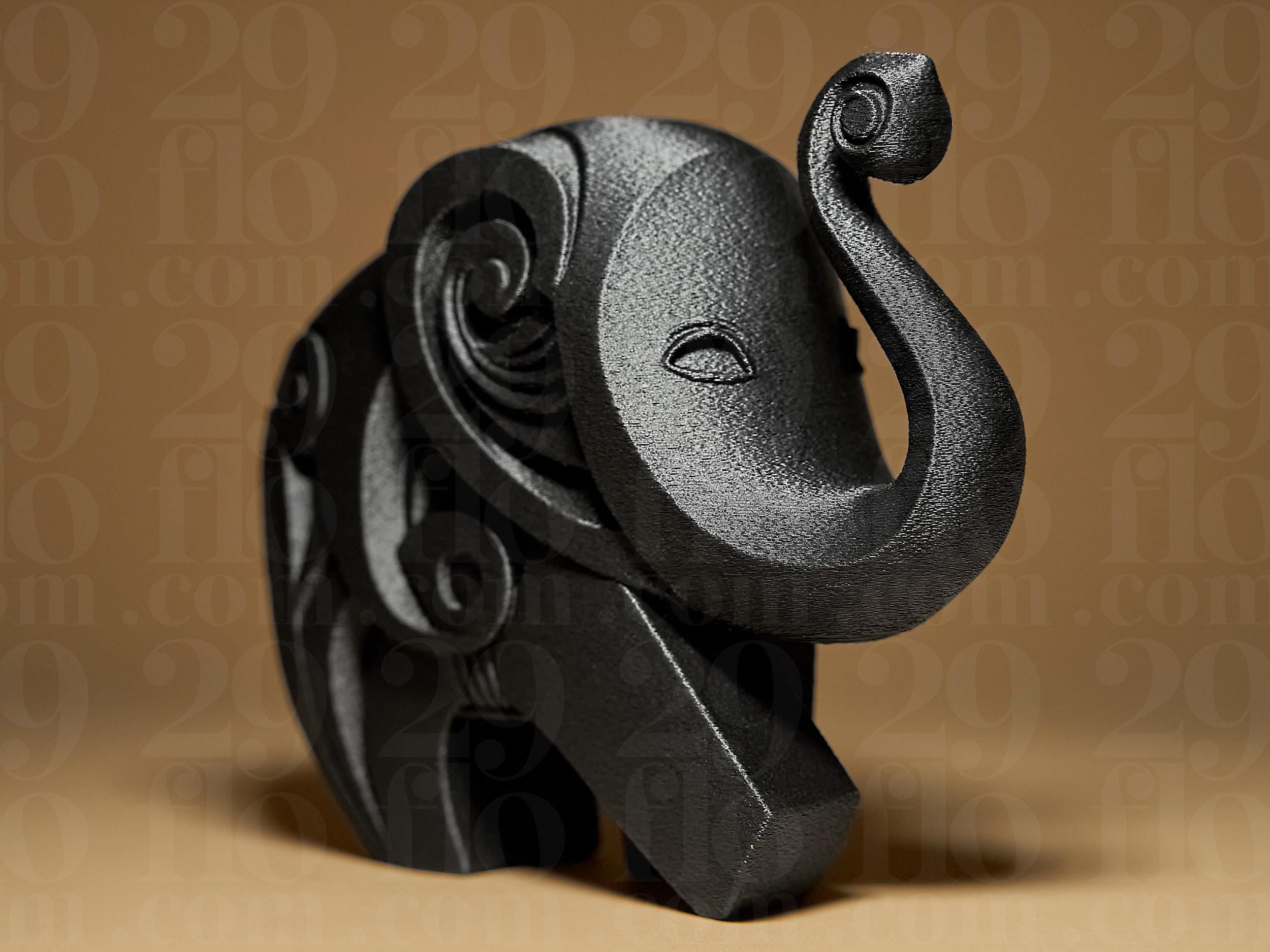 Happy Elephant #2 | Schwarze 3D-gedruckte Elefantenfigur | Geometrische Deko | 29Flo Black Series | Glückselefant & Designobjekt Fehn-factory.de