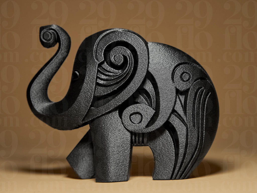 Happy Elephant #2 | Schwarze 3D-gedruckte Elefantenfigur | Geometrische Deko | 29Flo Black Series | Glückselefant & Designobjekt Fehn-factory.de
