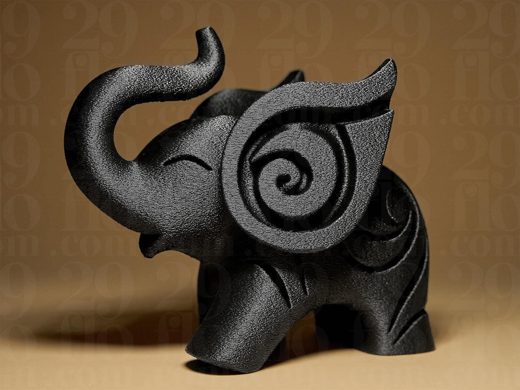 Happy Elephant #1 | Schwarze 3D-gedruckte Elefantenfigur | Symbol für Glück & Stärke | 29Flo Black Series | Design-Dekofigur Fehn-factory.de