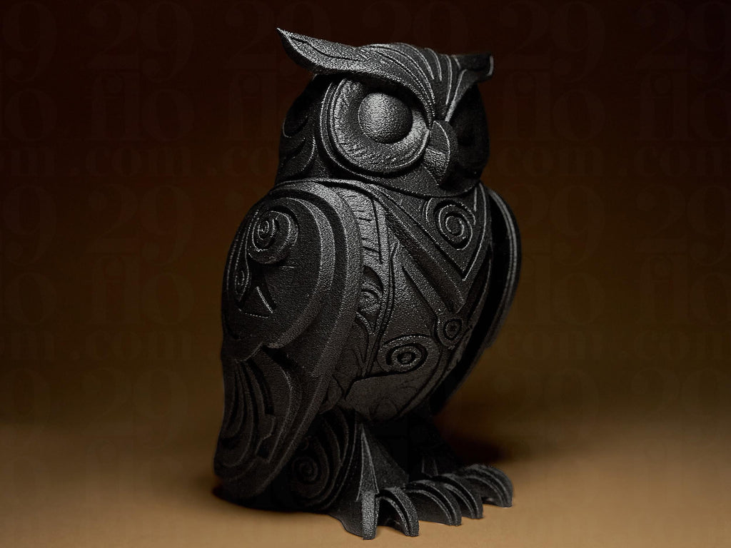 Designer Owl Sculpture | Schwarze Eulenfigur mit Ornament-Struktur | 3D-gedruckte Skulptur | 29Flo Black Serie | Symbol Weisheit & Intuition Fehn-factory.de