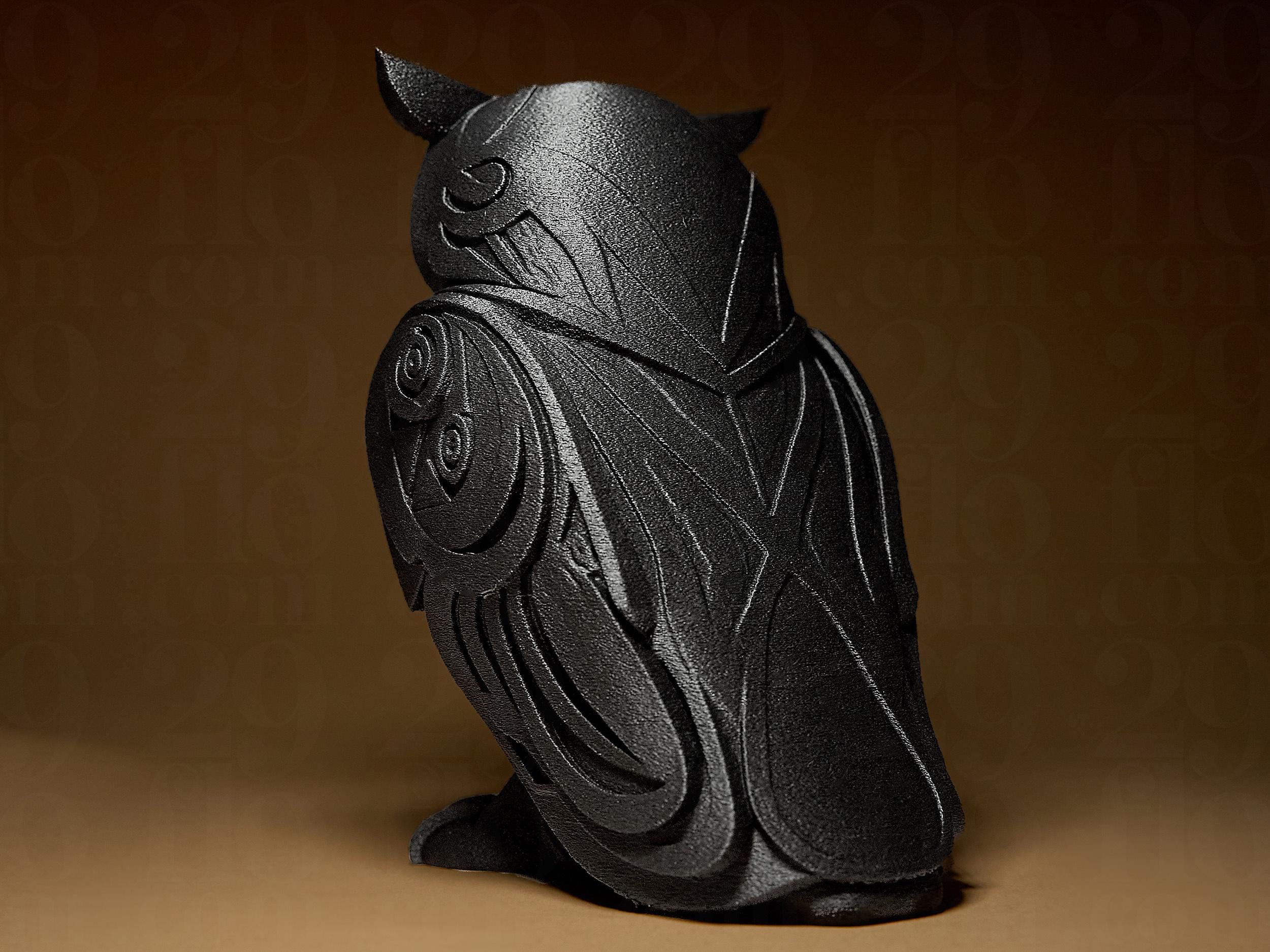 Designer Owl Sculpture | Schwarze Eulenfigur mit Ornament-Struktur | 3D-gedruckte Skulptur | 29Flo Black Serie | Symbol Weisheit & Intuition Fehn-factory.de
