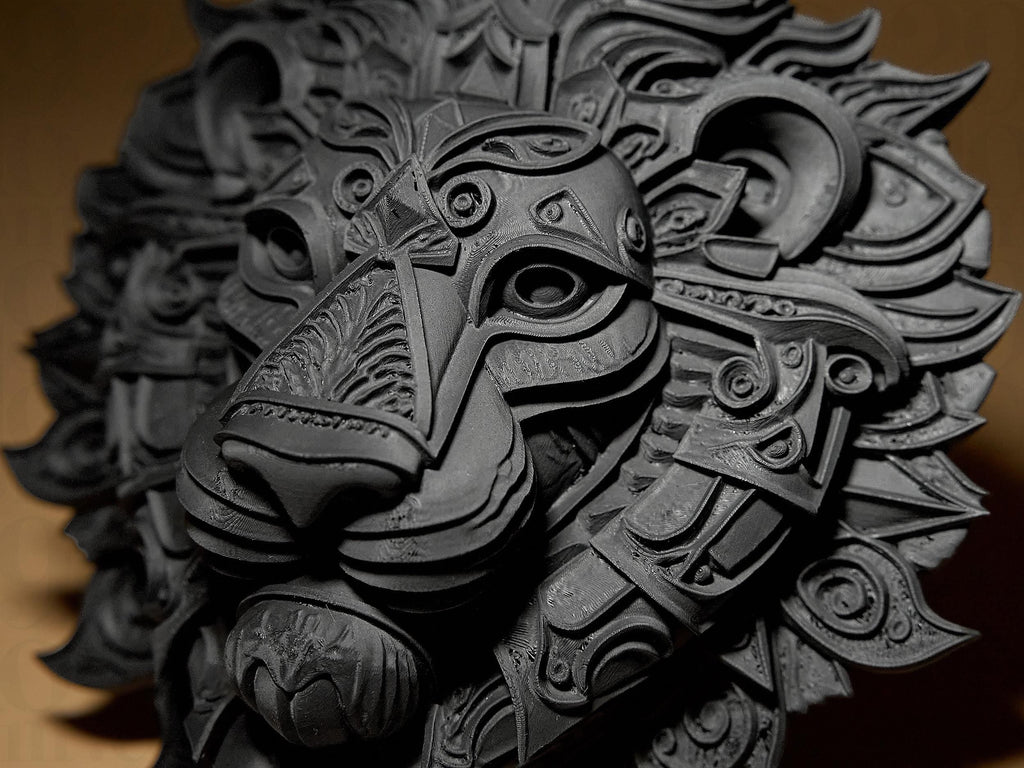 Lion Relief | Detailliertes Löwenrelief im 3D-Design | Schwarze Wandskulptur im modernen Stil Fehn-factory.de