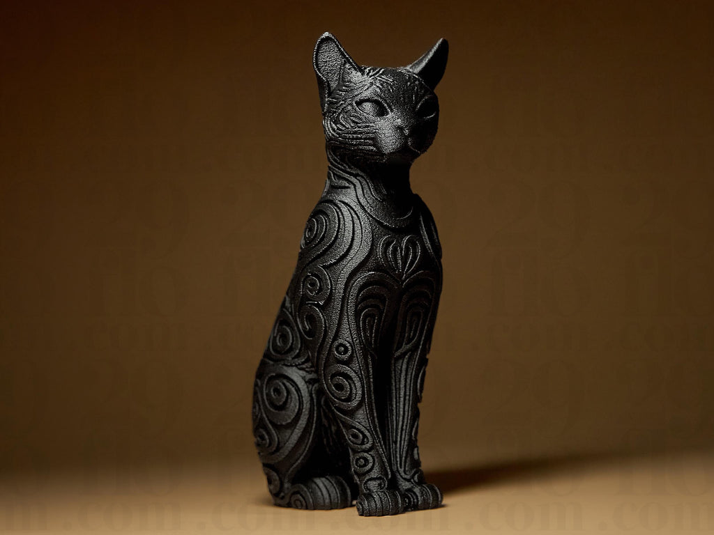 Designer Cat Sculpture | Schwarze Katzenfigur im modernen Stil | 3D-Kunstskulptur mit Ornamentstruktur Fehn-factory.de