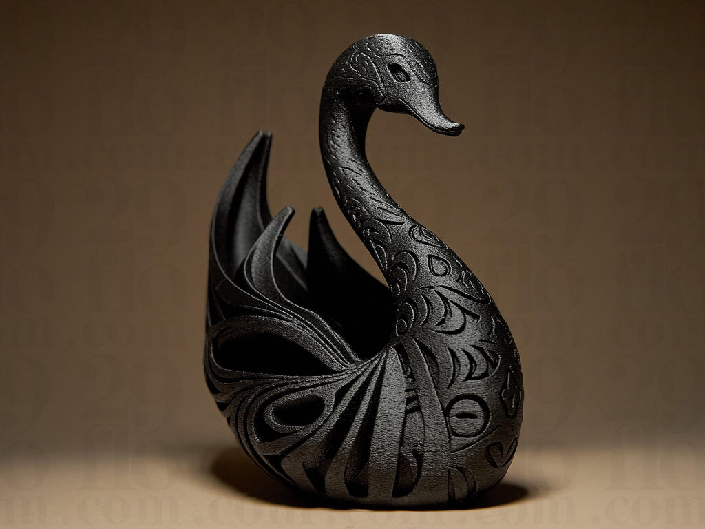 Designer Swan Sculpture | Schwarzer Schwan im modernen Stil | 3D-gedruckte Kunstskulptur mit Ornamentstruktur Fehn-factory.de