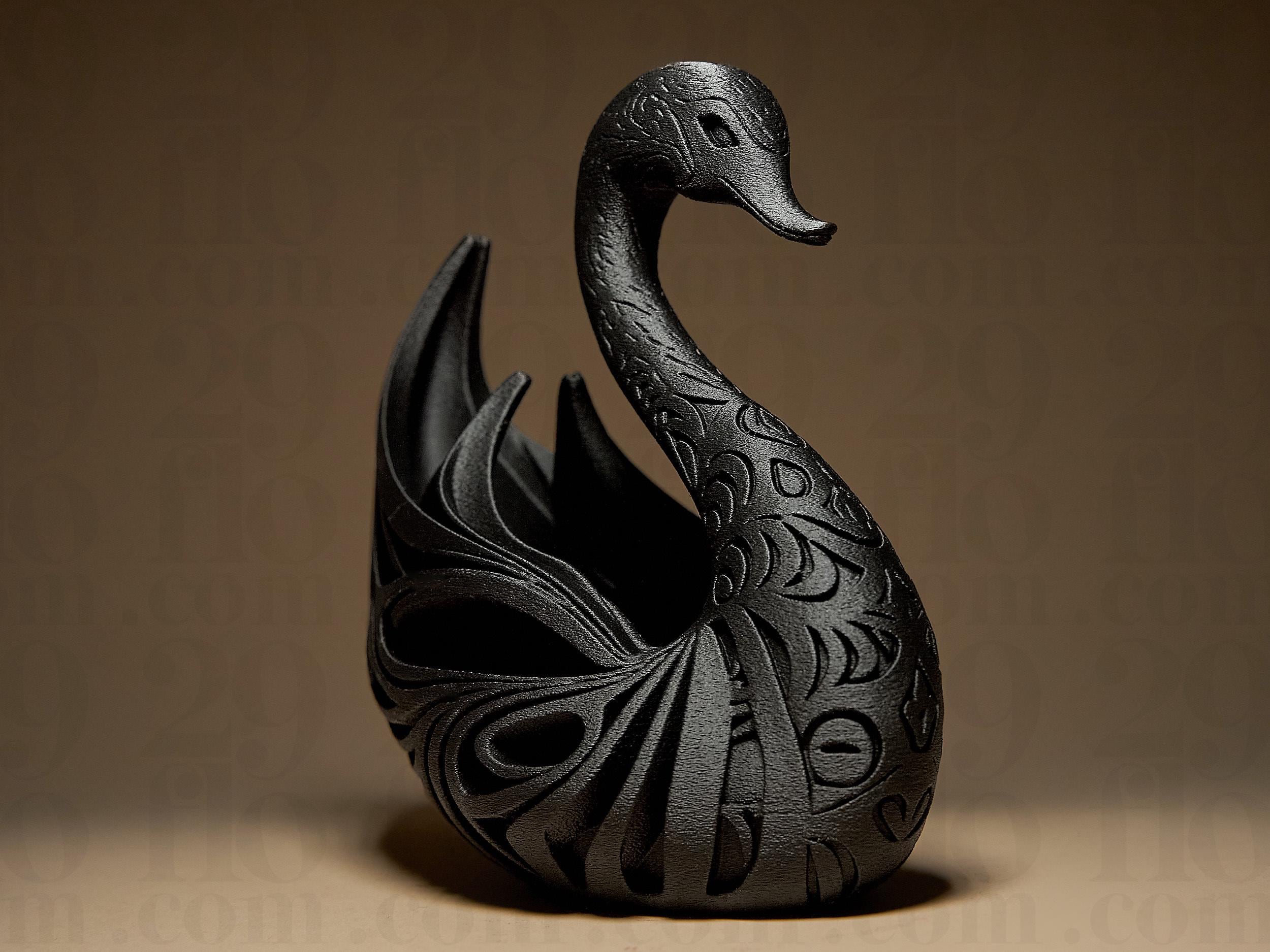 Designer Swan Sculpture | Schwarzer Schwan im modernen Stil | 3D-gedruckte Kunstskulptur mit Ornamentstruktur Fehn-factory.de
