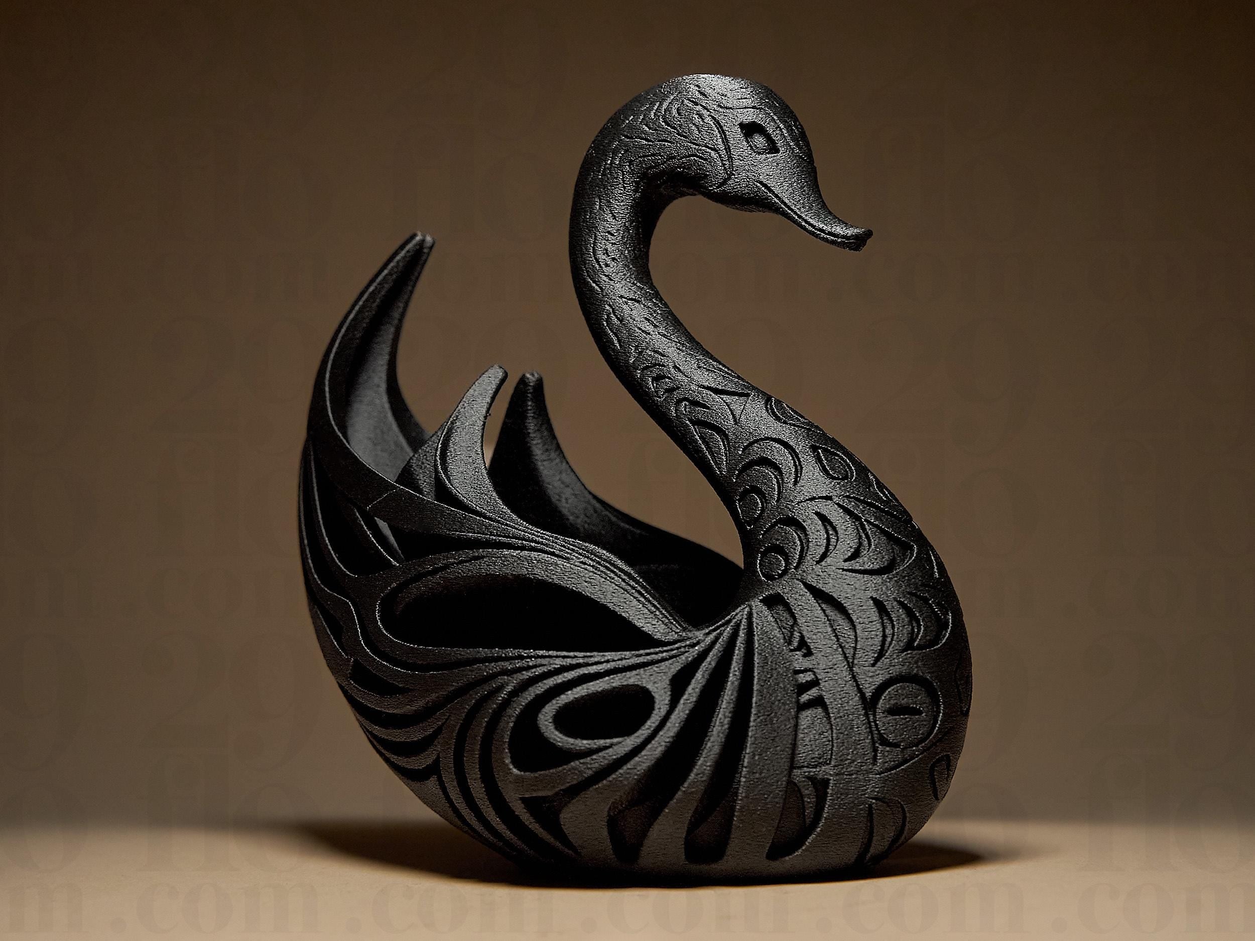 Designer Swan Sculpture | Schwarzer Schwan im modernen Stil | 3D-gedruckte Kunstskulptur mit Ornamentstruktur Fehn-factory.de