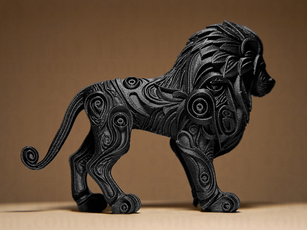 Designer Lion Sculpture | Schwarze Löwenfigur im modernen Stil | 3D-gedruckte Kunstskulptur mit Ornamentstruktur Fehn-factory.de