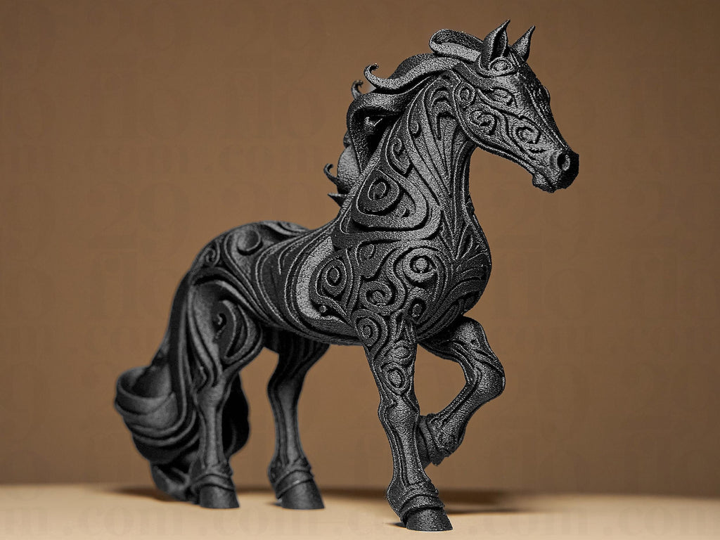 Designer Horse Sculpture | Schwarzes Pferd im modernen Stil | 3D-gedruckte Kunstskulptur mit Ornamentstruktur Fehn-factory.de