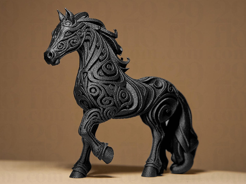 Designer Horse Sculpture | Schwarzes Pferd im modernen Stil | 3D-gedruckte Kunstskulptur mit Ornamentstruktur Fehn-factory.de