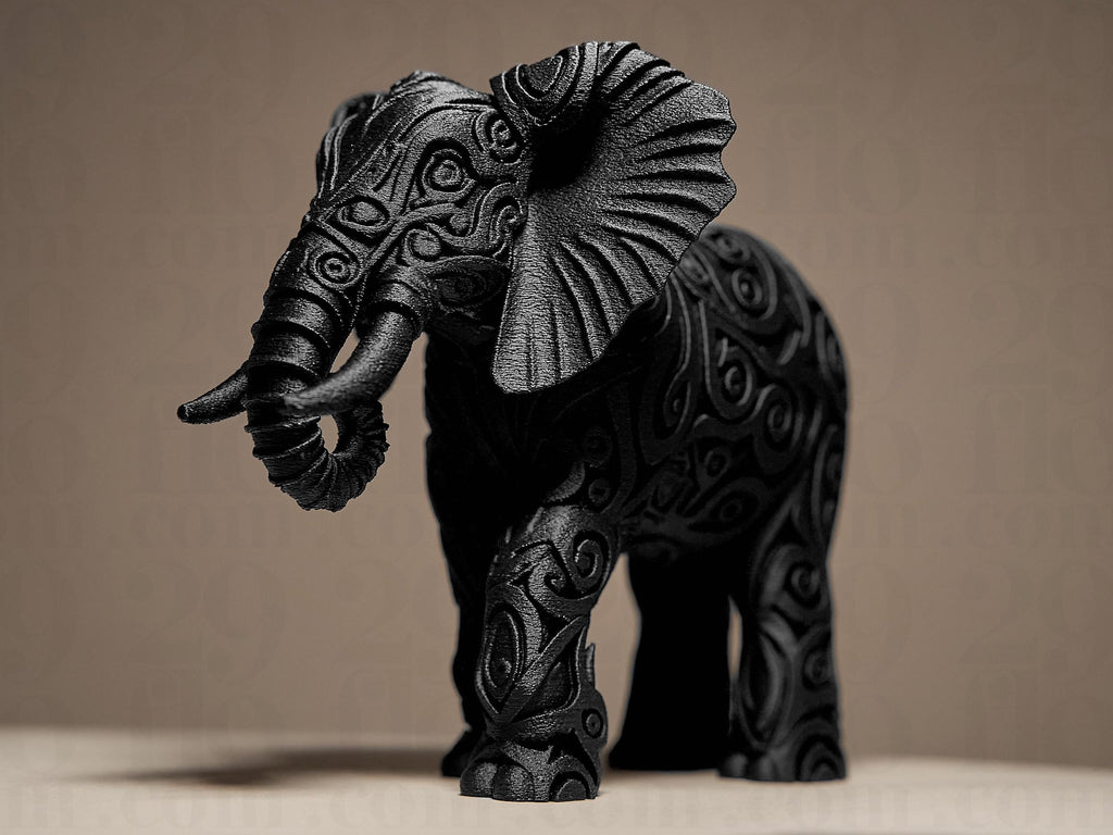 Designer Elephant Sculpture | Schwarze Elefantenfigur im modernen Stil | 3D-gedruckte Kunstskulptur mit Ornamentstruktur Fehn-factory.de