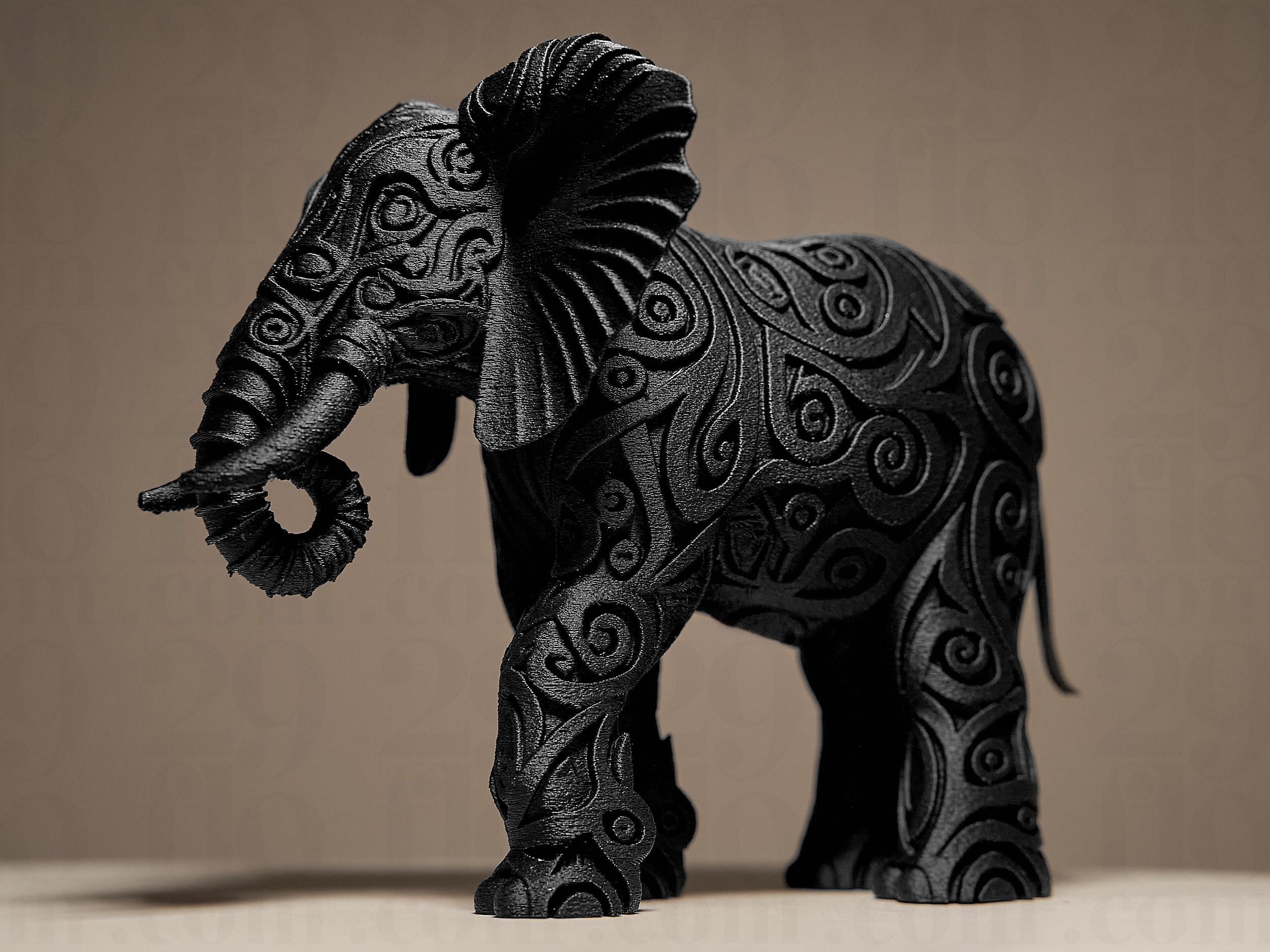 Designer Elephant Sculpture | Schwarze Elefantenfigur im modernen Stil | 3D-gedruckte Kunstskulptur mit Ornamentstruktur Fehn-factory.de