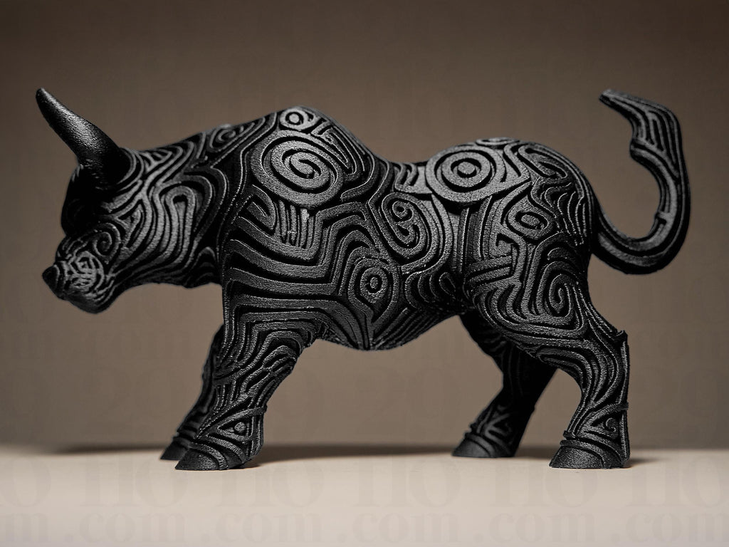 Designer Bull Sculpture | Schwarzer Stier im modernen Stil | 3D-gedruckte Kunstskulptur mit Ornamentstruktur Fehn-factory.de